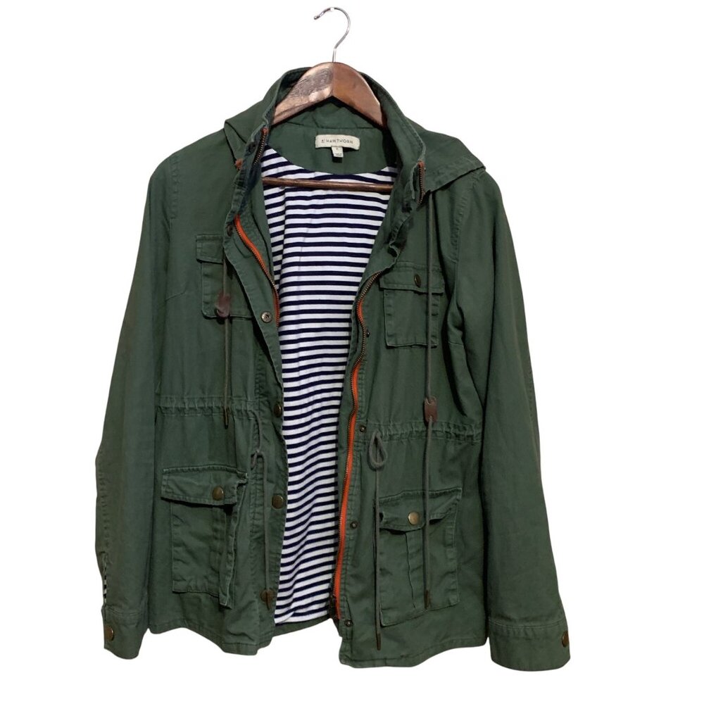 41 Hawthorn Women's Jacket Olive Green Military Chore Style Hood Large Pockets M